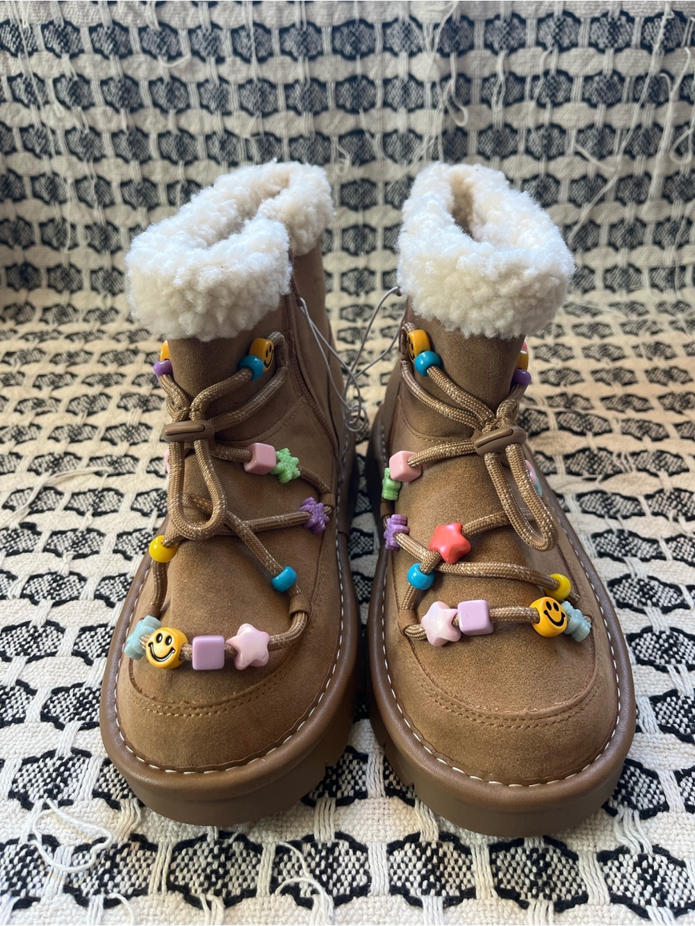 art class Brown Faux-Shearling Lace-Up Kids Boots with Colorful Beads